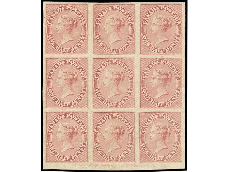 1852/57, ½  d. deep rose, block of nine, marginal from base of sheet with full imprint, unused with not original gum, some cr