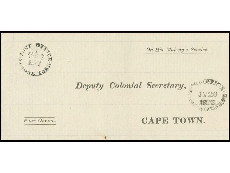 1823, "POST OFFICE SIMONS TOWN", crowned handstamp on official folded letter to Cape Town with arrival mark on front