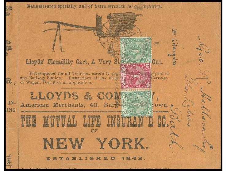 1893, ½ d. green (2) and 1 d. rose-red, tied by Port Elizabeth cds. to newspaper 'Cape Times' of November 29, 1899 to England