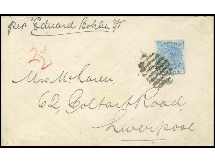1887/1902, Victoria 2½ d. blue, tied by 9 bar oval to cover from "LAGOS W. AFRICA AP 25 95" to Liverpool with arrival mark, c