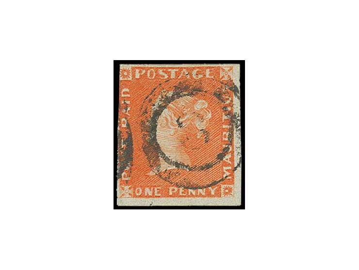 1848/59, POST PAID early impressions: 1 d. orange-vermilion, slightly touched at upper left, otherwise full to wide margins, 