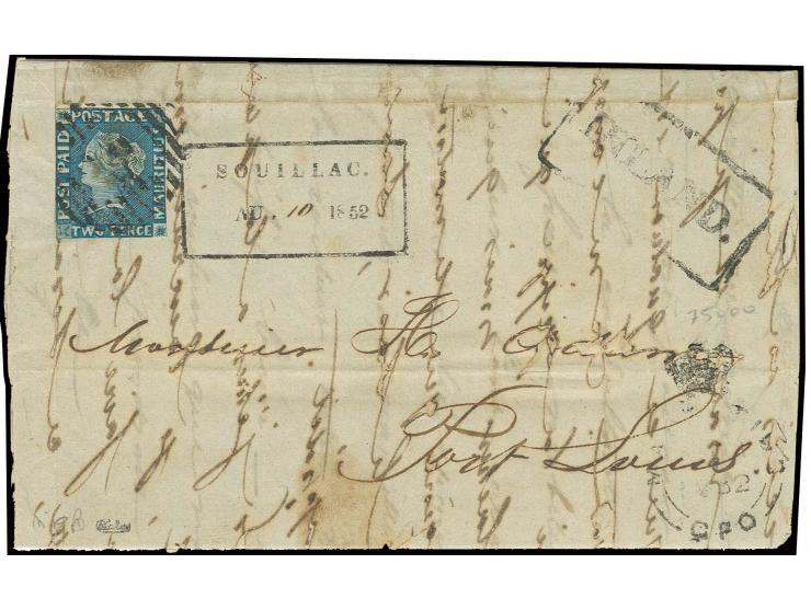 2 d. blue, cut to shape, tied by black grid to folded letter with adjacent boxed "SOUILLAC. AU (manuscript 10) 1852" to Port 