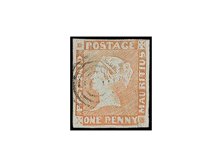 Intermediate impressions: 1 d. dull vermilion, good to wide margins and nice colour, lightly cancelled by target; very fine, 