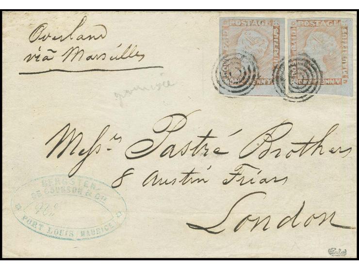 worn impressions: 1 d. red-brown on grey, 2 single copies, both with full to mostly wide margins, tied by target cancel to le