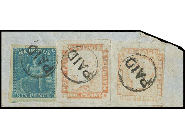 1 d. red, 2 copies together with Britannia 1859/61, 6 d. blue, all with clear "PAID" in circle on piece, very fine and attrac