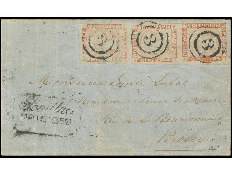 1 d. red, vertical strip of 3, tied by numeral "3" to letter sheet with adjacent boxed "Souillac MR 16 1859" to Port Louis; t