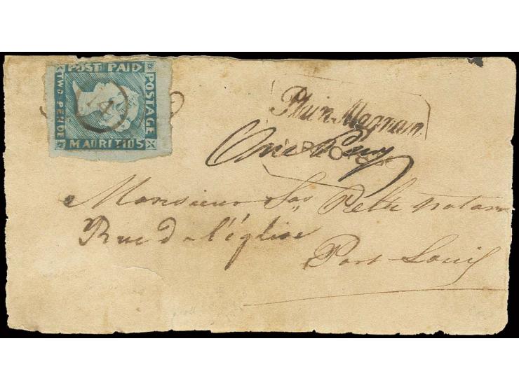 2 d. blue PENOE, touched at left, otherwise good margins, with clear "14" to cover front with adjacent boxed "Plain Magnan MR