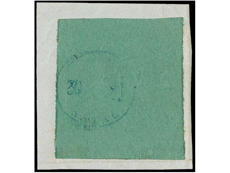 6 d. green, wide to large margins all around, used with small blue cds. on piece, extremely fine and scarce