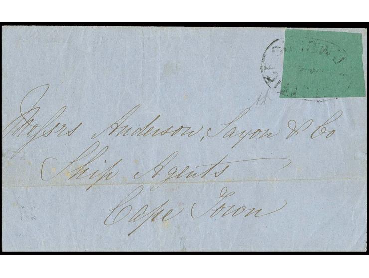 6 d. green (ca. 25:30 mm), tied by oval "POST OFFICE P.M. BURG" to entire letter 1858 to Cape Town with arrival mark on rever