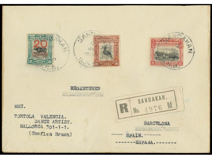 1925/28, 16 c. with 8 c. and 20 c. on 18 c. on registered cover from "SANDAKAN 12 JUL. 1930" to Barcelona with arrival marks;
