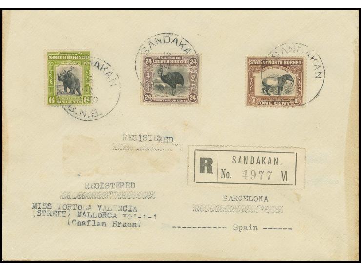 24 c. with 1 c. and 6 c. on registered cover from "SANDAKAN 12 JUL. 1930" to Barcelona with arrival marks on reverse; the env