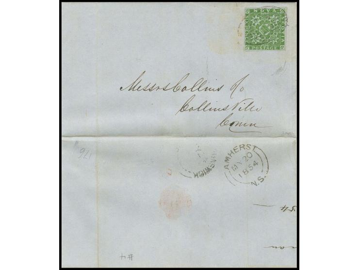 1851/60, 6 d. yellow-green, good to wide margins and fresh colour, tied by light grid to entire letter from "AMHERST MY 20 18