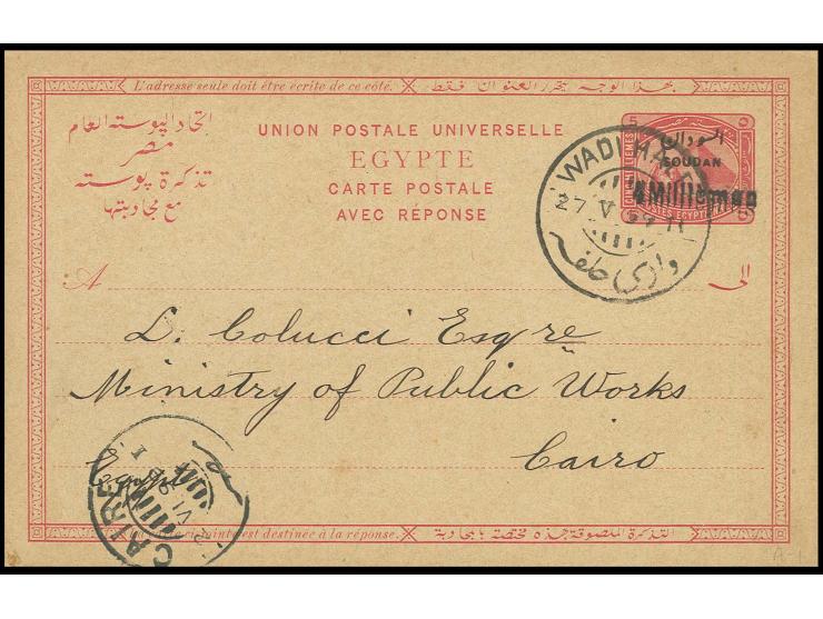 POSTAL STATIONERY: 1897, double card 4 mil. on 5 mil., sender's half with double handstamp, used from "WADI HALFA 27.V.99" to
