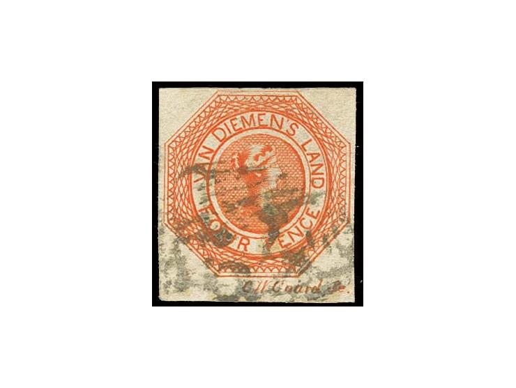1853/54, plate I, first state: 4 d. bright red-orange, good to wide margins, at bottom with full inscription "C.W. Coard Sc."