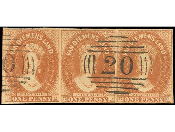 1857/69, 1 d. pale red-brown, horizontal strip of 3 with good to wide margins, cancelled by clear numeral "20", very fine, ce