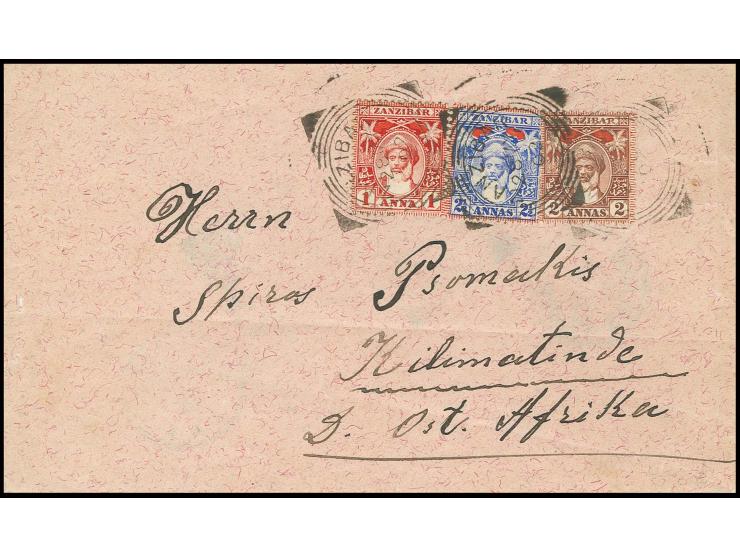 1899/1901, 2 1/2 a. bright blue, 2 a. red-brown, 1 a. carmine and 1/2 a. yellow-green (2 on reverse) on cover with cds. "ZANZ