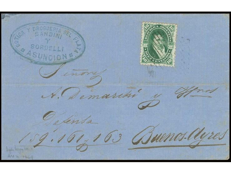 "H." HUMAITA on 10 c. green on lettersheet with adjacent sender's cachet "SANDINI y SORDELLI ASUNCION", to Buenos Aires; a ra