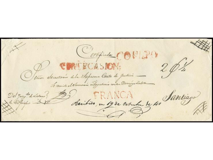 1840, registered cover with fine strike of first type "COPIAPO" handstamp in red with adjacent "FRANCO" and "CERTIFICASION" i
