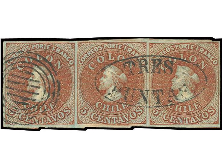 1855, 2nd London printing: 5 c. brown red on blued paper, horizontal strip of three with normal to good margins all around, v