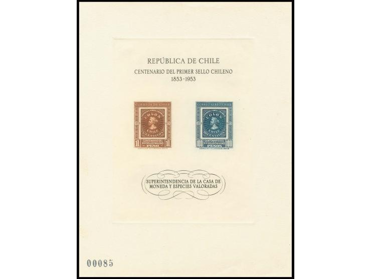 1953, 100 years of Chilean stamps 1 and 100 p. as official block, without gum as issued, numbered "00085", very fine and scar