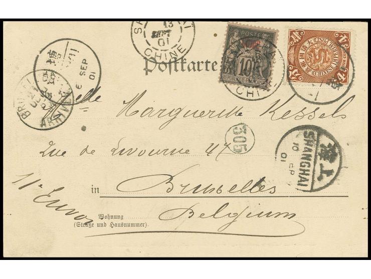 1902/08, 4 c. brown on postcard from "TANGSHAN 10.9.01" with combination franking French PO 10 c. to Belgium with arrival mar