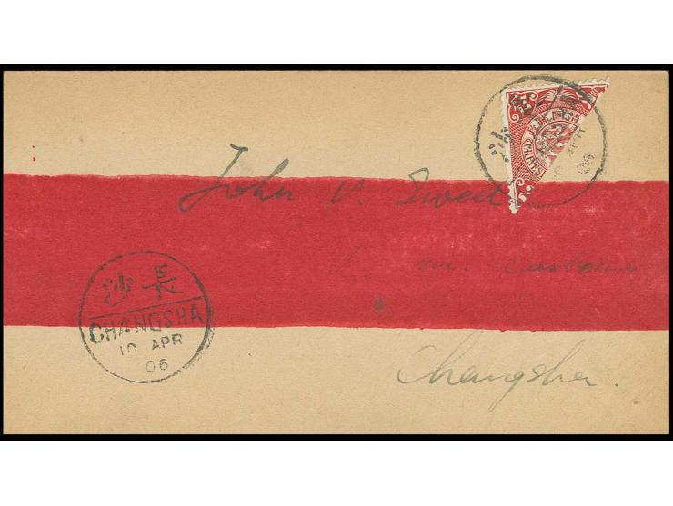 1906, Changsha-provisional issue: half of 2c. red, tied by cds. "CHANGSHA 10 APR.06" to local cover, fine (Chan 136H)
