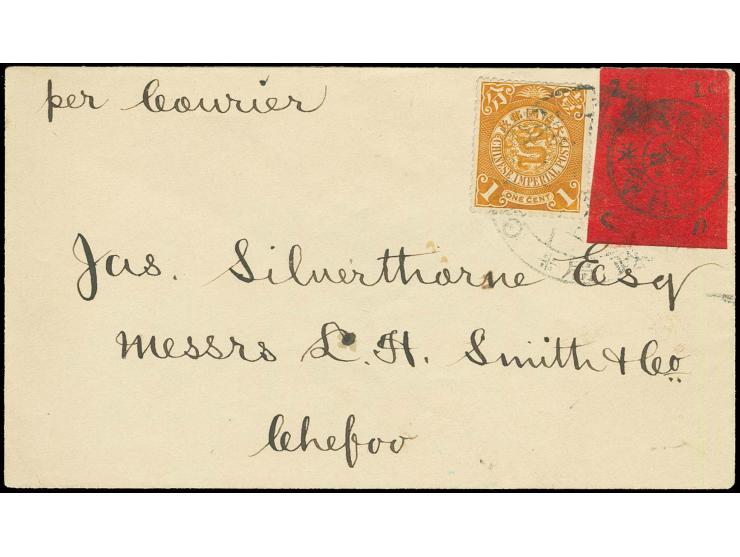 WEI HAI WEI : 1898, 2c. on scarlet in combination with Imperial post 1c. ocre on small cover  to Chefoo, both stamps cancelle