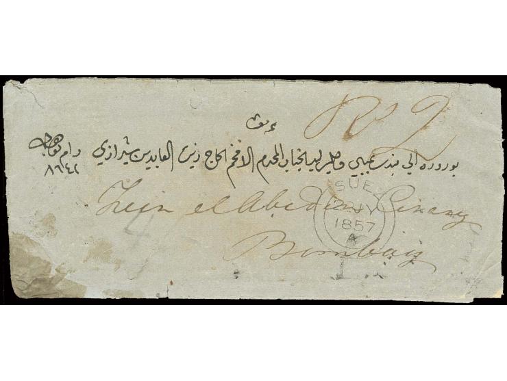 1857 (July 22), Entire letter to Bombay, somewhat aged, struck with good strike of scarce British P.O. "SUEZ" double arc date