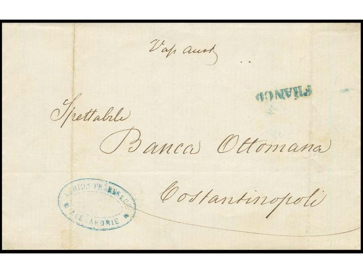 1861, folded letter with blue straight line "FRANCO" struck at the autrian Post office in Alexandria to Constantinople, fine