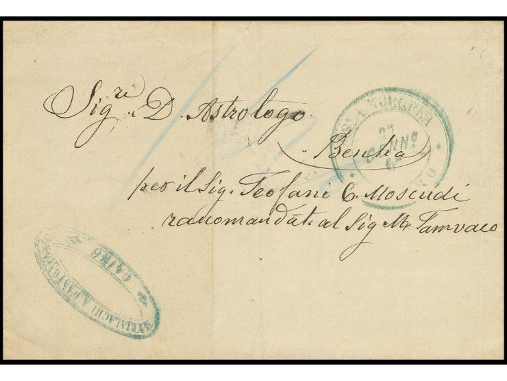 1864, Cover from Cairo with Type VI "Posta Europea / Cairo" in green on front, mailed to Benha at 1 1/2 piastre rate with sca