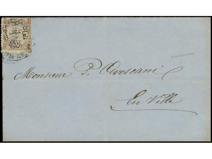 1866, 10 pa. brown, tied to local cover of Alexandria; stamp slightly damaged in the top perforation, where affixed over the 
