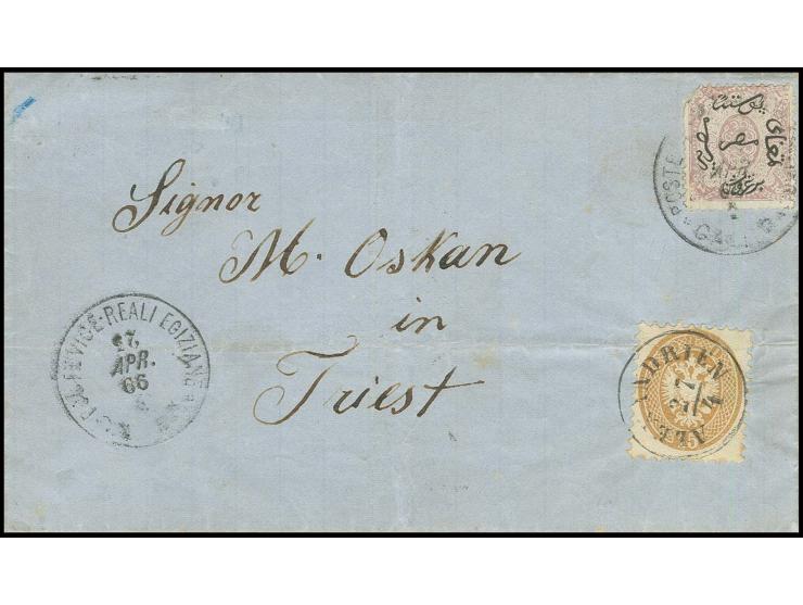 1 pia. lilac tied by cds. to combination cover with Lombardy Veneto 1864, 15 s. tied by cds. "ALEXANDRIEN 27 4" to folded cov