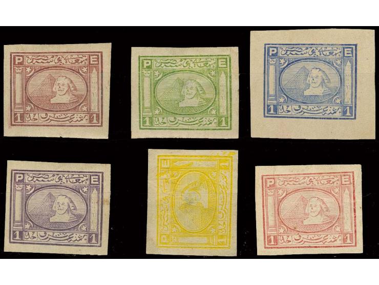 1867,  1 p. imperforated, 6 different colour essays, without gum, few thins otherwise fine