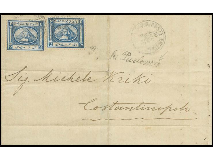 2 pia. blue, 2 copies, tied by cds. "V.R. POSTE EGIZIANE CAIRO 14 DEC. 1868" to lettersheet with adjacent "Dopo la Partenza" 