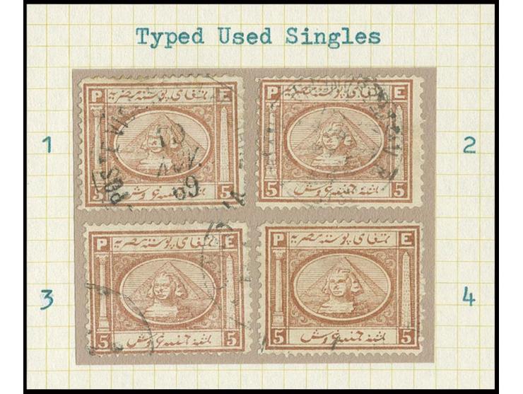 5 pia. brown, a used reconstruction of the four types, 2 stamps with tiny thins but a generally fine looking assembly (Mi.  1