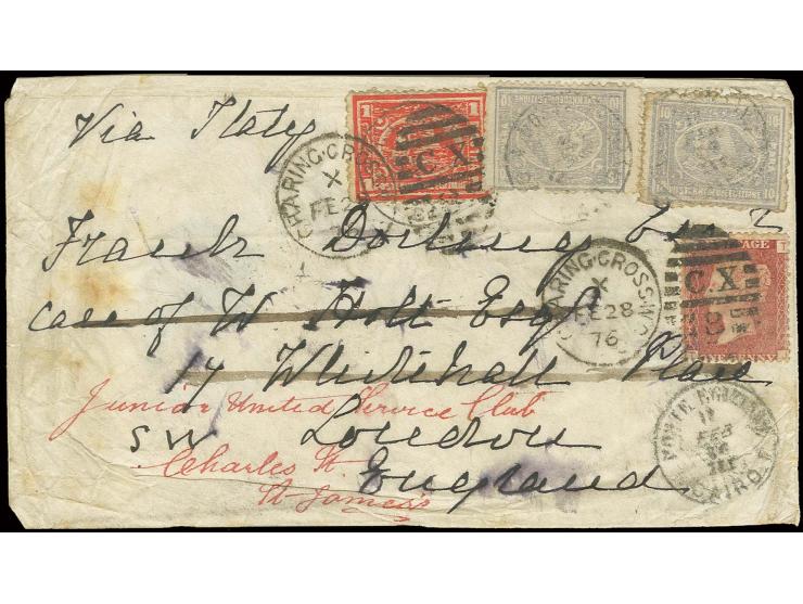 1872, 10 p. grey-lilac, two singles and 1 pia. brick-red, tied by cds. to cover to London, there readdressed and franked by 1
