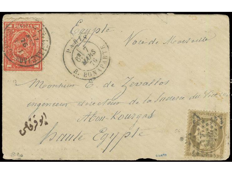 1 pia. brick-red, tied by cds. "POSTE EGIZIANE SULAH DASRUV 17 MAR 76" to cover from Paris to Abou Kougas, bearing France 187