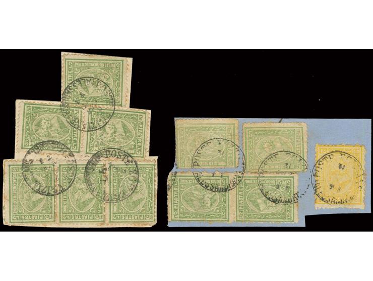 5 pia. green, strip of 3, horizontal pair and single tied by Alexandria cds. to piece, one stamp perforation slightly cut, al