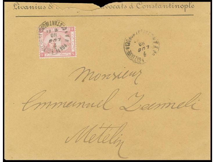 1879, 1 pia. rose tied by cds. "POSTE EGIZIONE CONSTANTINOPLE 7 LUG 80" to cover to Metelino, roughly opened at top, a scarce