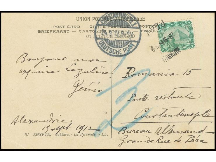 1888, 2 m. green tied by unframed "DARDANELLES PORT 23-SEP-1912" to postcard, addressed to Constantinople with arrival mark o