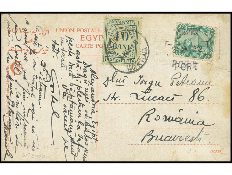 2 m. green tied by unframed "ALEXANDRIA PORT 28-JUN-1912" to postcard, addressed to Bucarest, taxed with 10 b. stamp on arriv
