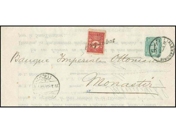 2 m. green tied by cds. "ALEXANDRIA" to printed matter entire to Monastir, further franked on dispatch with Turkey 1901, 20 p
