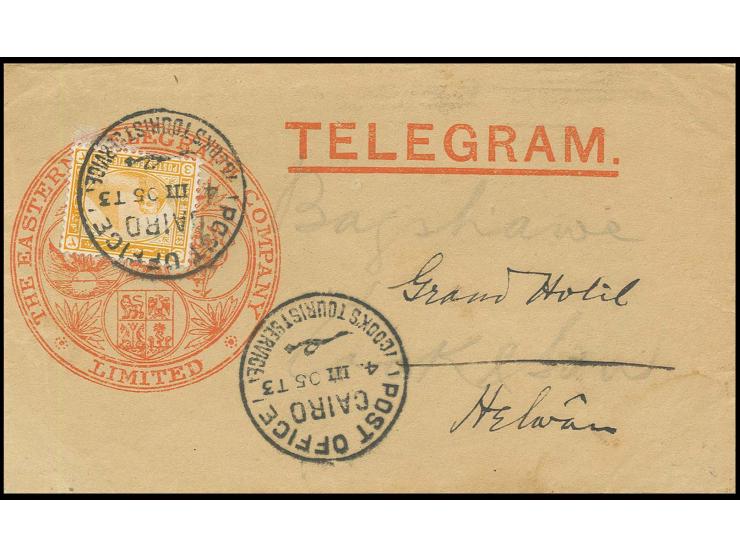 1893, 3 m. orange tied by clear strike of "POST OFFICE CAIRO COOK'S TOURIST SERVICE 4.III.05" to telegramm of the Eastern Tel