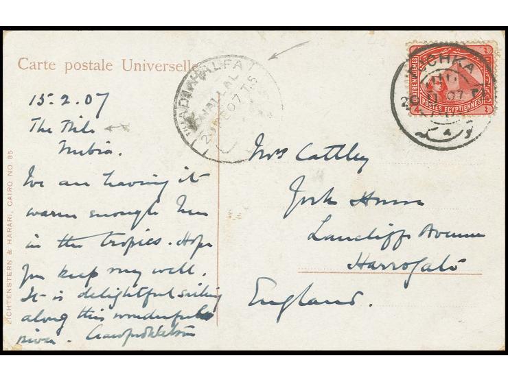 4 m. red tied to postcard by cds. "TUCHKA 20 FE 07" to postcard to England with cds. "WADI-HALFA 20 FE 07" alongside, fine