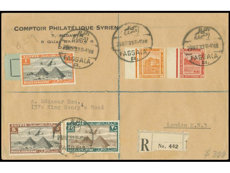 1914, pictural issue 3 m. and 4 m. imperforated, marginal copies with additional airmail franking on registered airmail cover