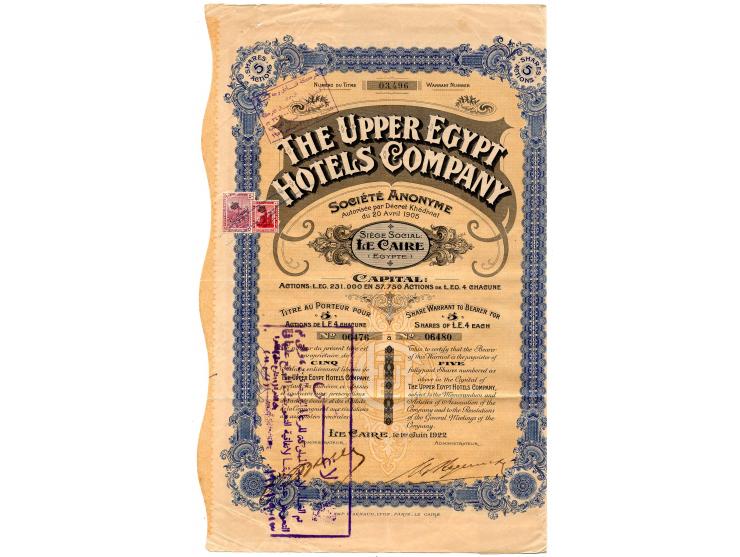10 m. and 50 m., tied by embossed seal and blue crayon to share certificate of "The Upper Egypt Hotels' Company", 50 m. sligh