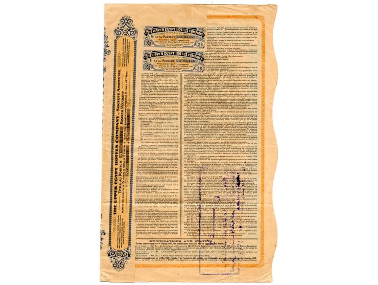 10 m. and 50 m., tied by embossed seal and blue crayon to share certificate of "The Upper Egypt Hotels' Company", 50 m. sligh