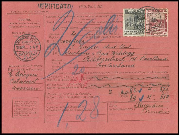 100 m. and 200 m., tied by cds. "CATARACT HOTEL ASWAN 19 MR. 23" on cpl. parcel card to Switzerland; probably the only known 