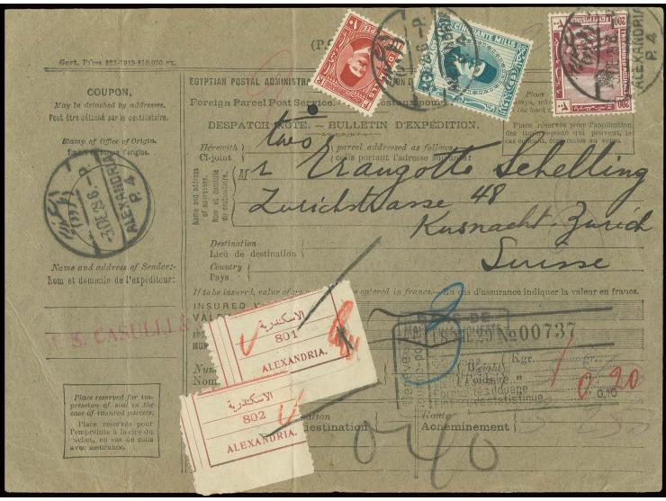 200 m. with Fouad 10 m. and 20 m. used on registered parcel card from Alexandria to Switzerland; slight creasing effecting th