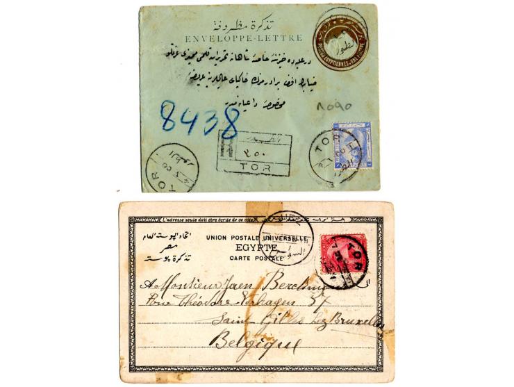 "TOR 4 V 00", 3 strikes on 1884, 1 pia. blue on postal stationery letter-sheet 1 pia. grey as registered letter to Alexandria